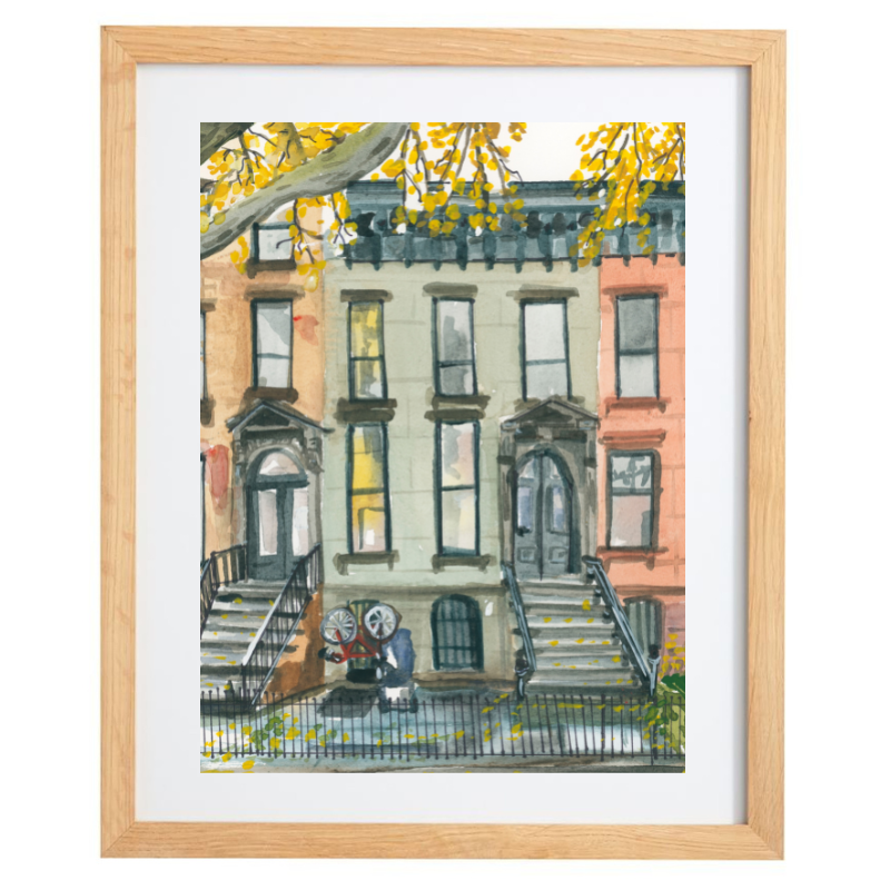 New York brownstone watercolour artwork in a natural frame