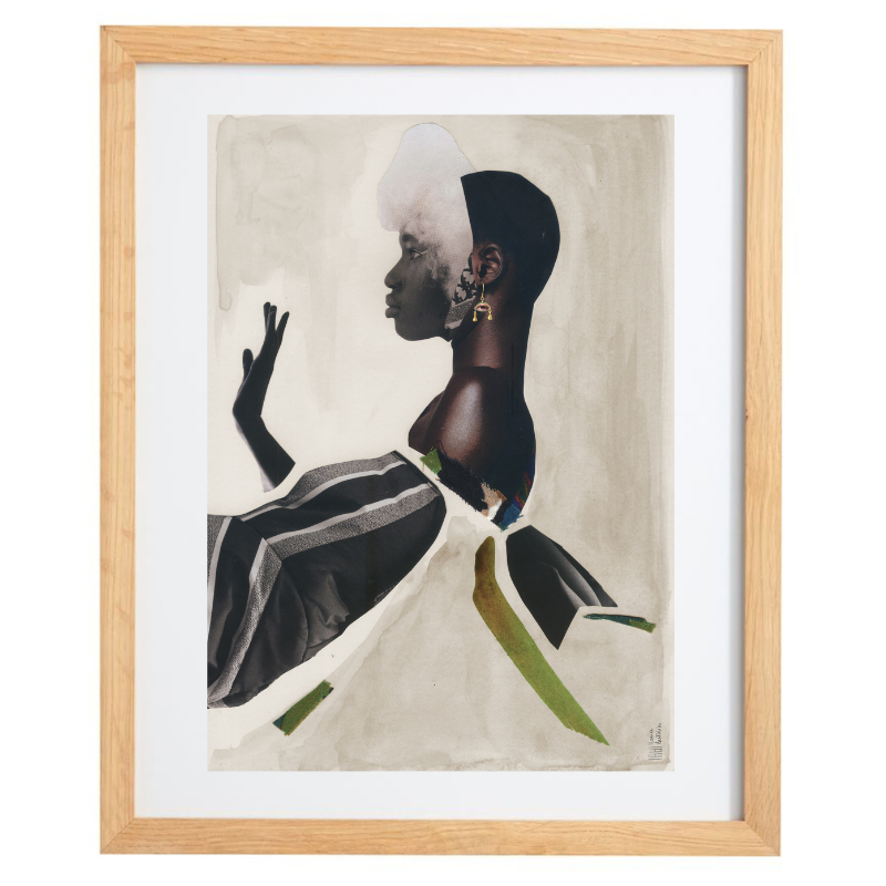 Neutral coloured fashion collage artwork in a natural frame