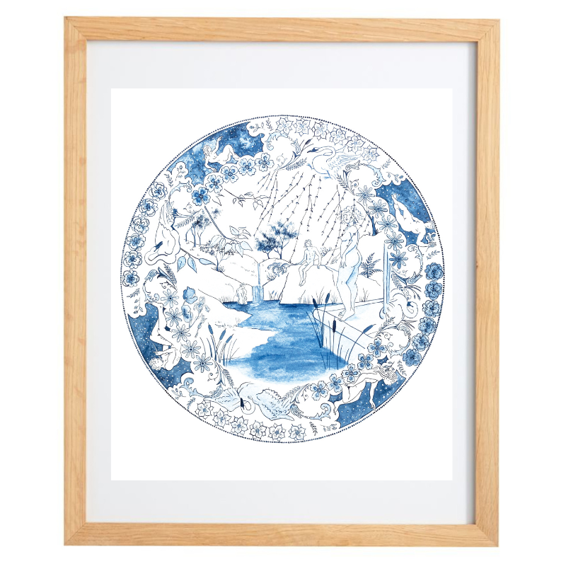 Blue and white watercolour artwork resembling a china plate with human figure and nature elements in a natural frame
