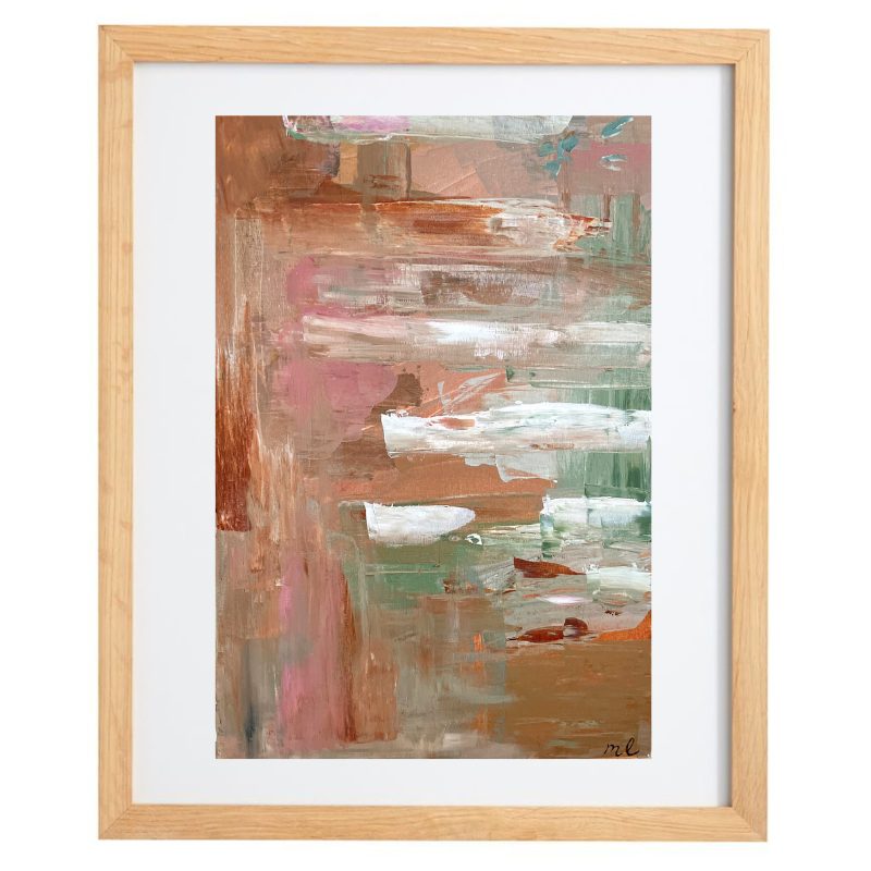 Abstract neutral coloured artwork in a natural frame