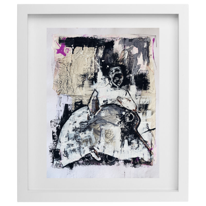 Abstract mixed media human figure artwork with a pop of colour in a white frame