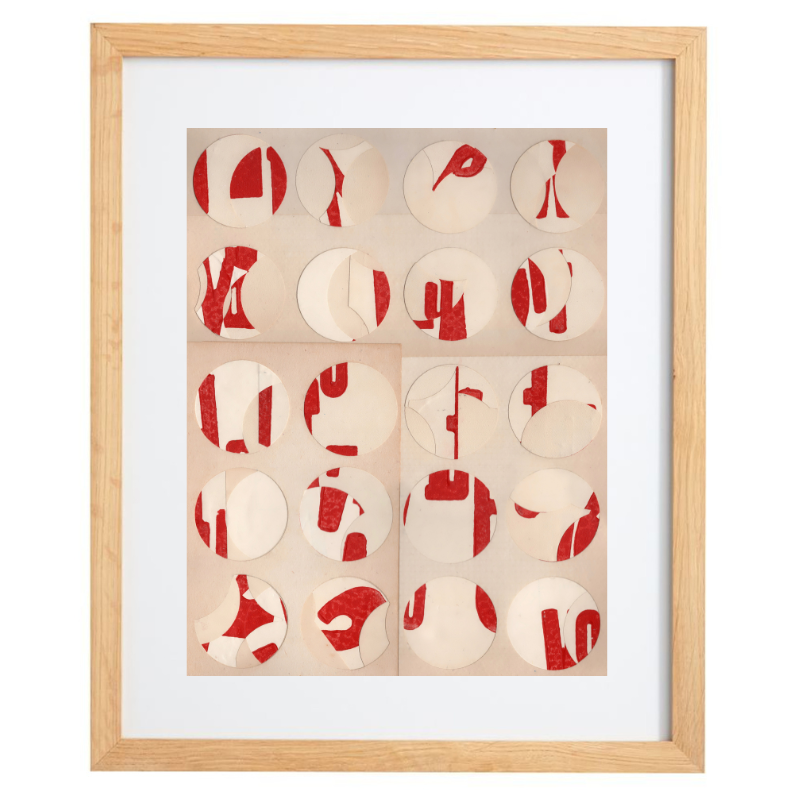 Abstract red and beige artwork in a natural frame