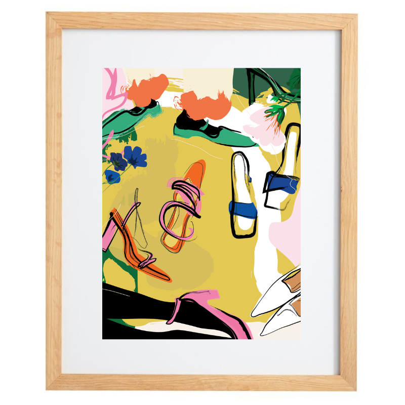 Colourful abstract heel artwork in a natural frame