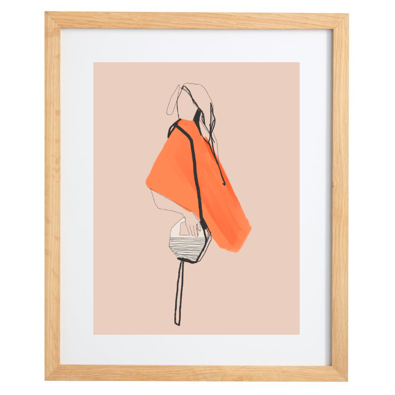 Minimalist orange fashion outfit artwork in a natural frame