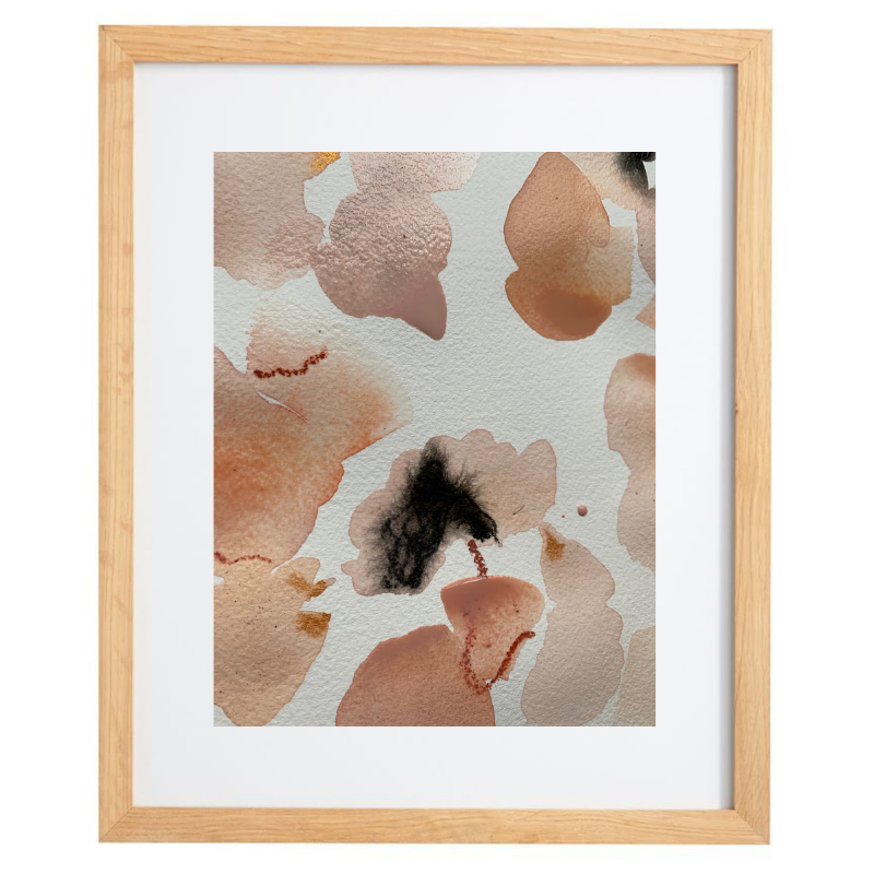 Abstract pink watercolour artwork in a natural frame