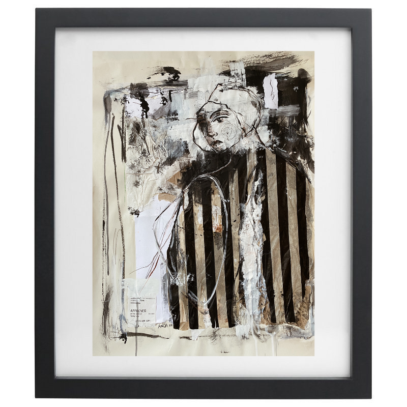 Abstract mixed media figure artwork in a neutral palette with a black frame