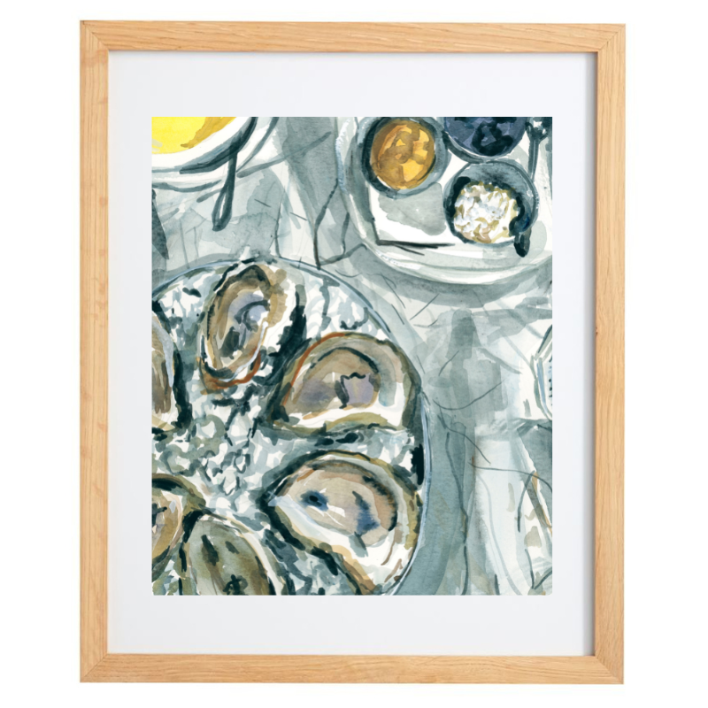 Oyster watercolour artwork in a natural frame