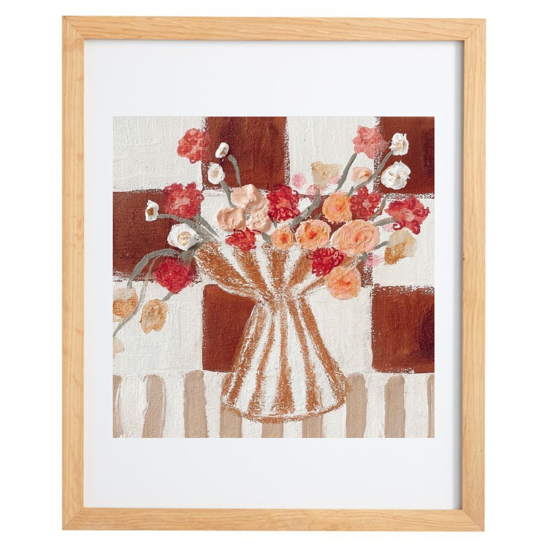 Artwork of a striped vase with flowers over a checkered background in a natural frame 