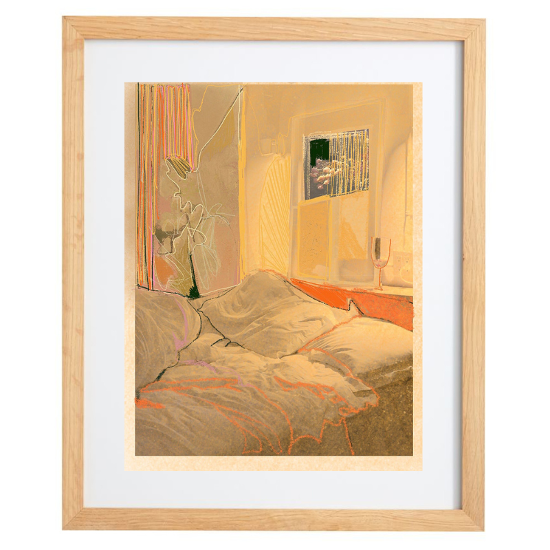 Artwork of a bedroom in a warm colour palette with a natural frame