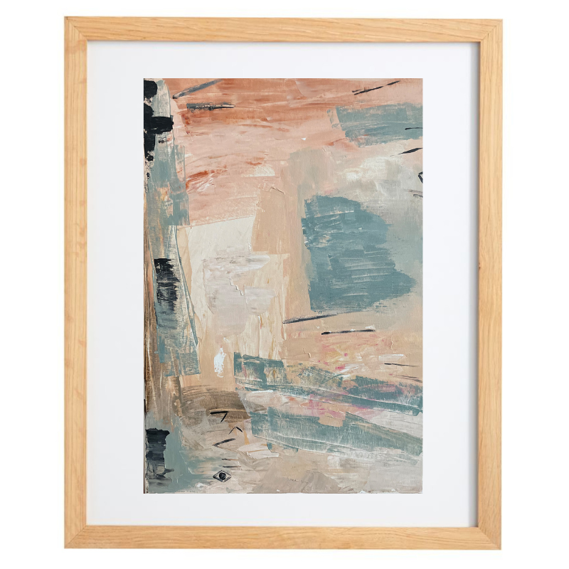 Abstract blue, beige, and pink artwork in a natural frame