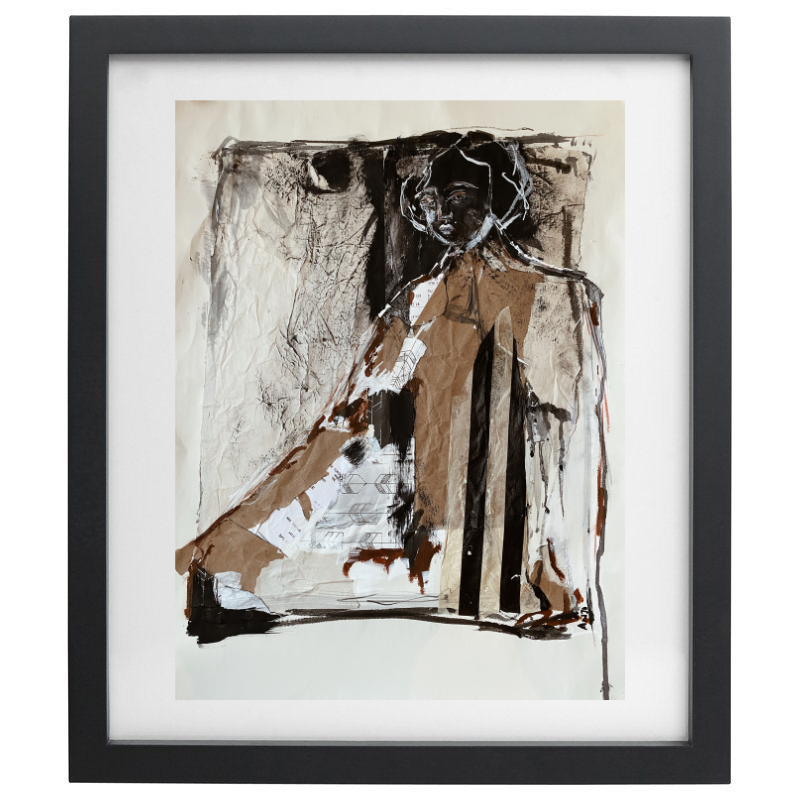 Abstract mixed media artwork in a neutral palette with a black frame