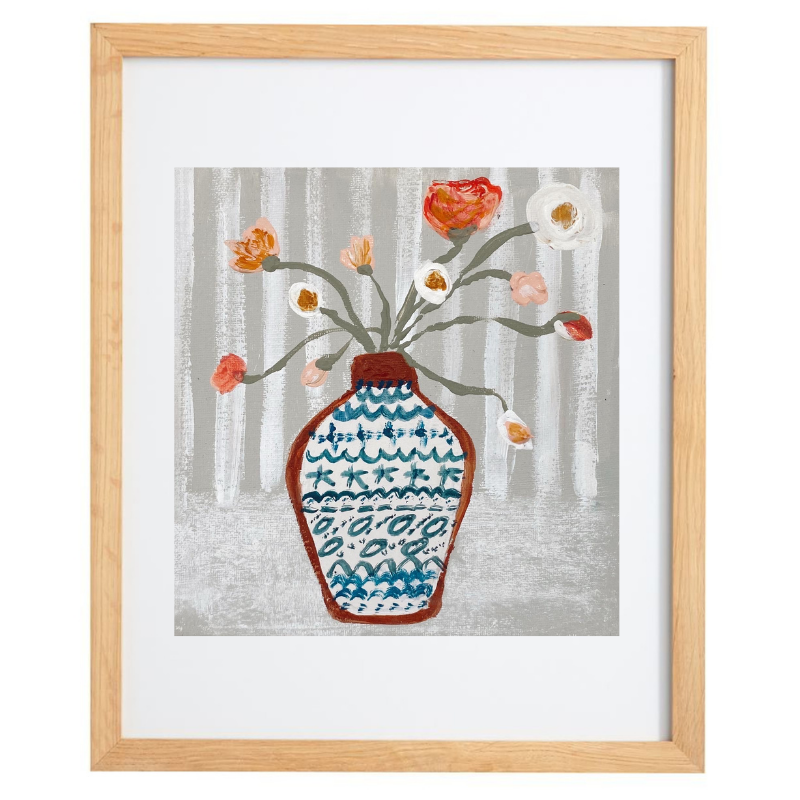 Artwork of flowers in a patterned vase with a striped background in a natural frame