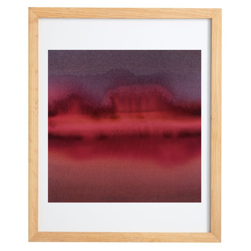 Abstract purple and red artwork with natural frame