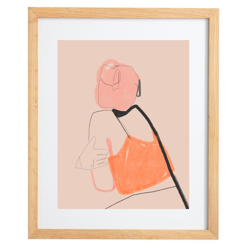 Abstract pink and orange outfit artwork in a natural frame