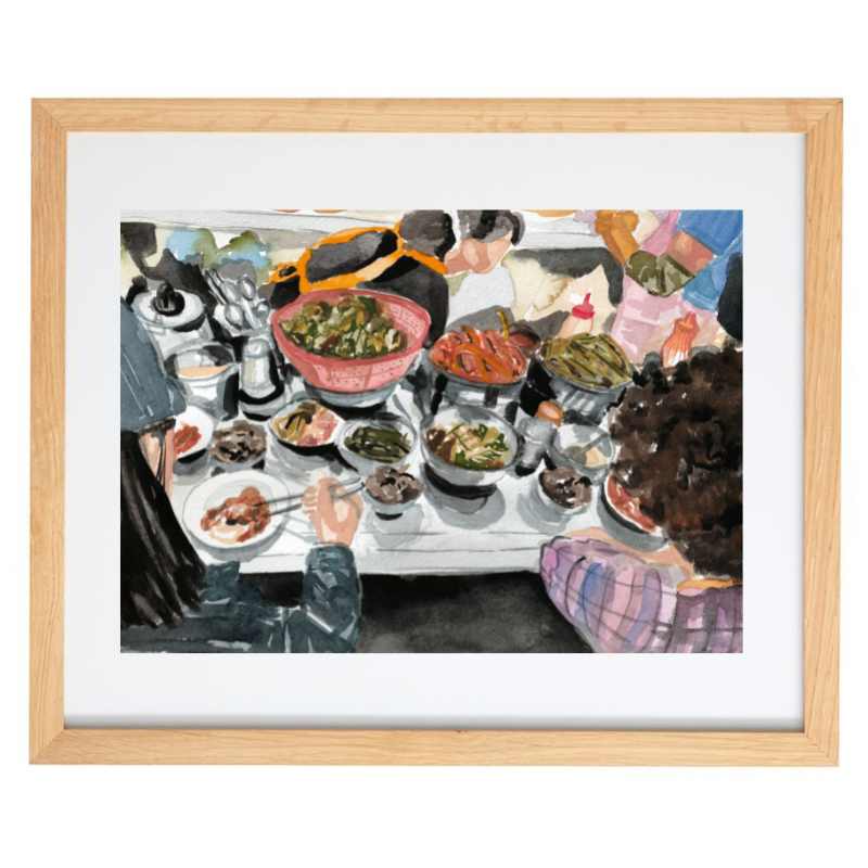 Watercolour Korean food artwork in a natural frame