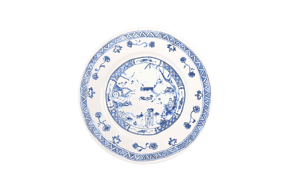 Blue and white porcelain plate with nature and human figure elements