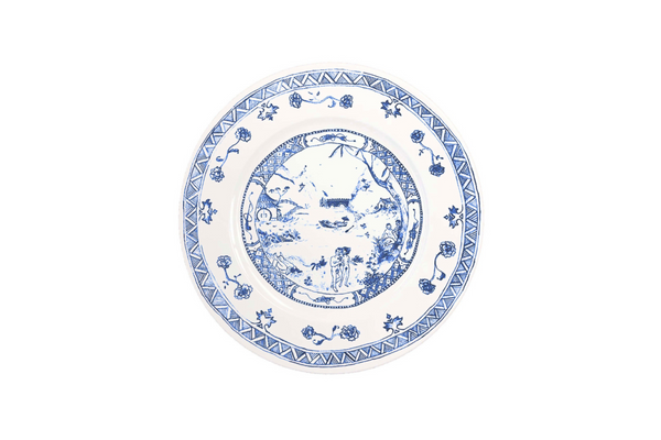 Blue and white porcelain plate with nature and human figure elements
