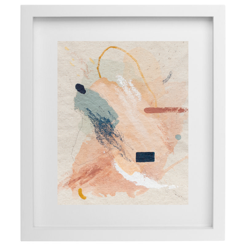 Pink, blue and orange abstract artwork in a white frame