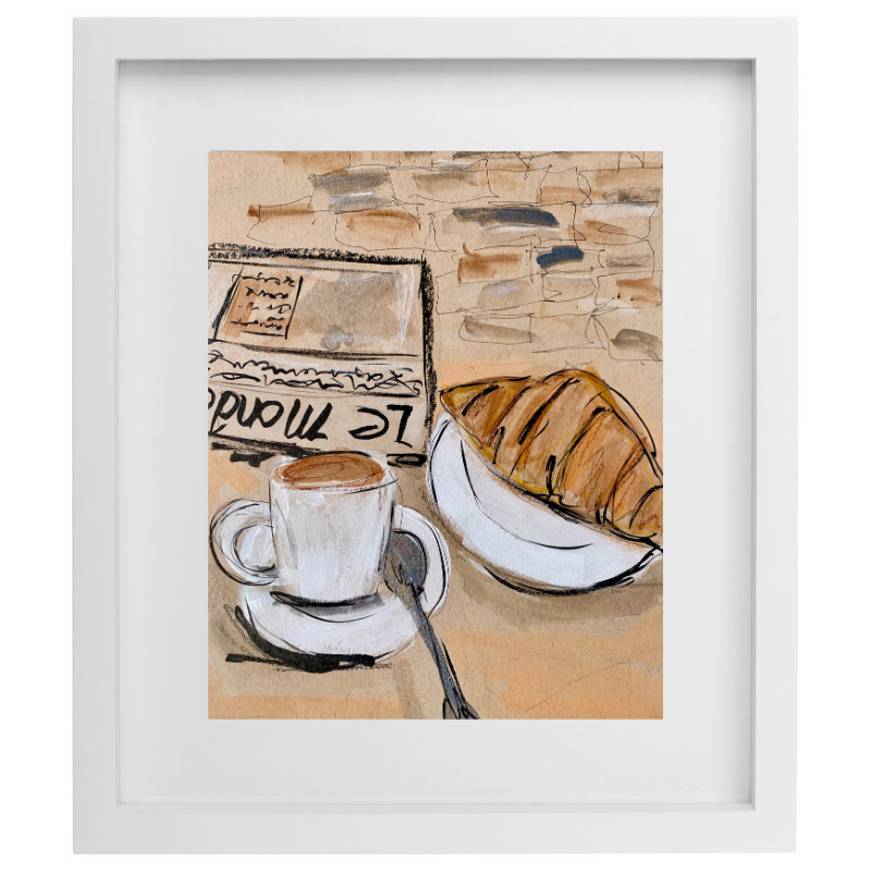French breakfast artwork in a white frame