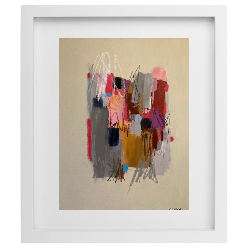 Multicolour brushstroke artwork in a white frame