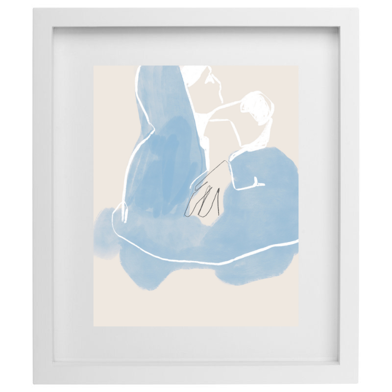 Abstract blue watercolour artwork in a white frame