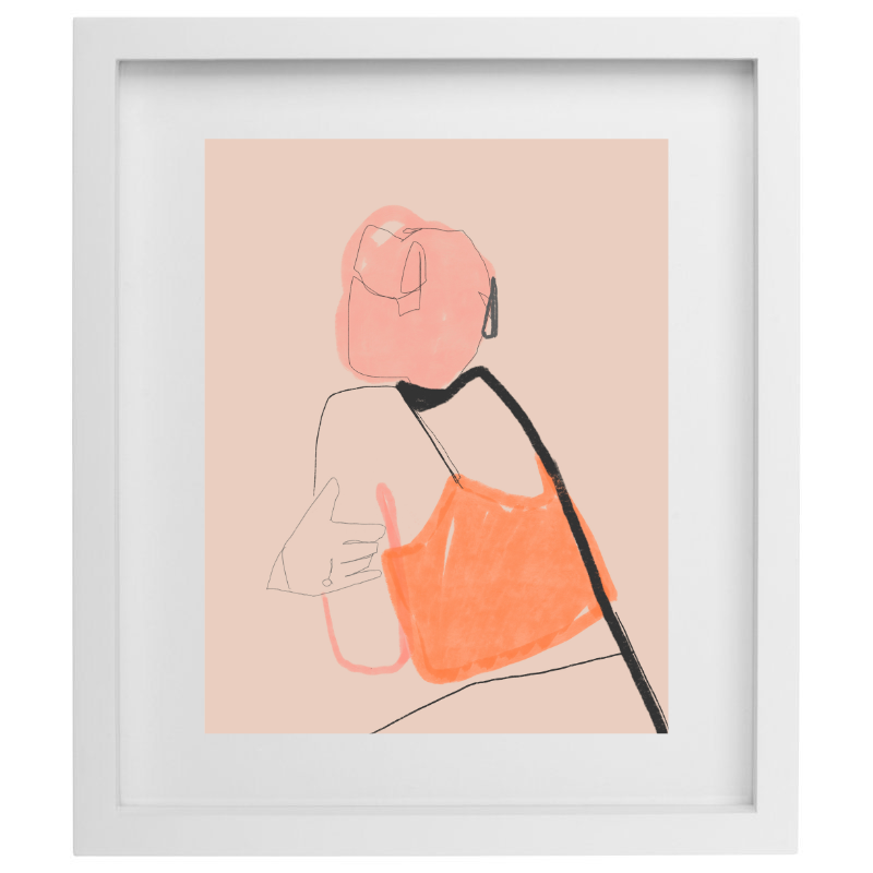 Abstract pink and orange outfit artwork in a white frame