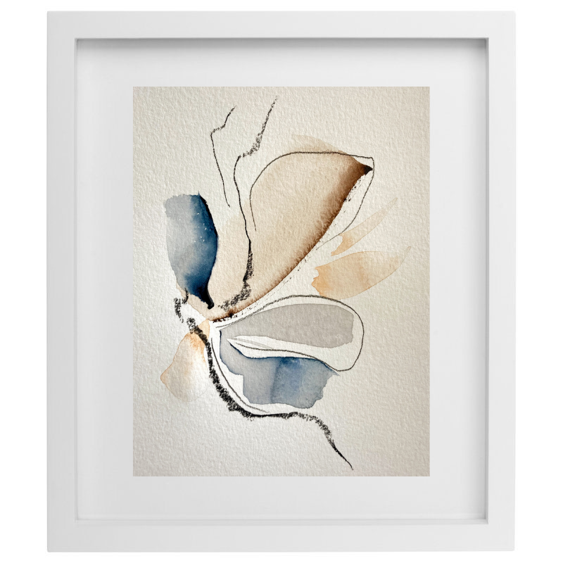 Abstract watercolour artwork in neutral palette in a white frame