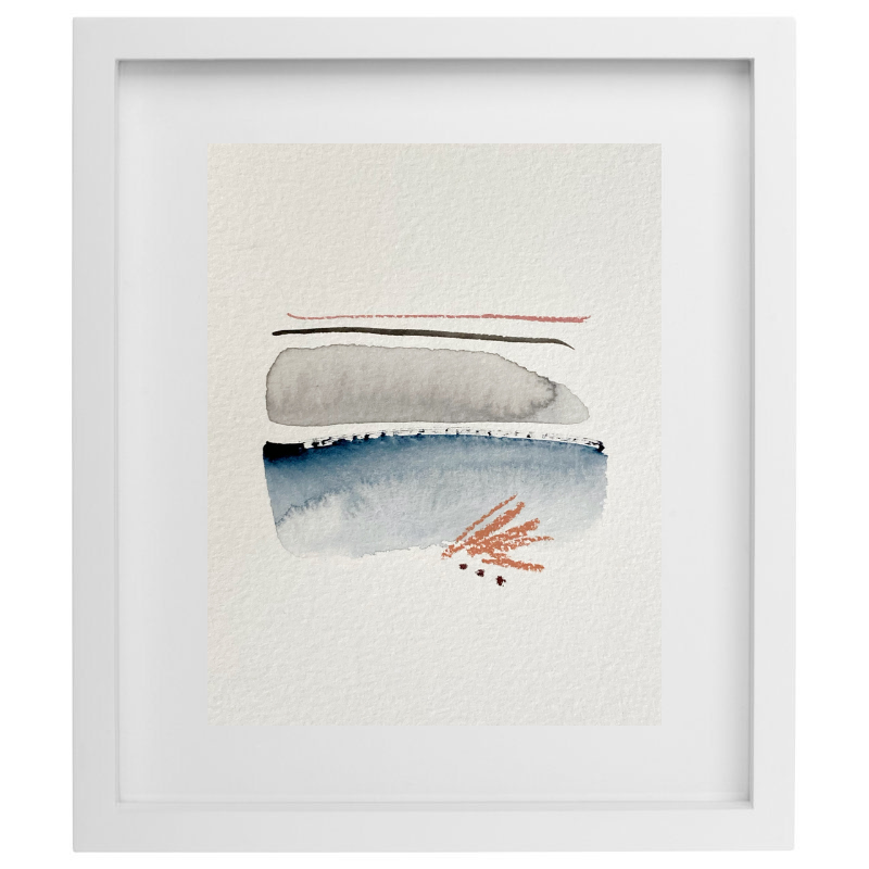 Minimalist abstract blue and grey watercolour artwork in a white frame