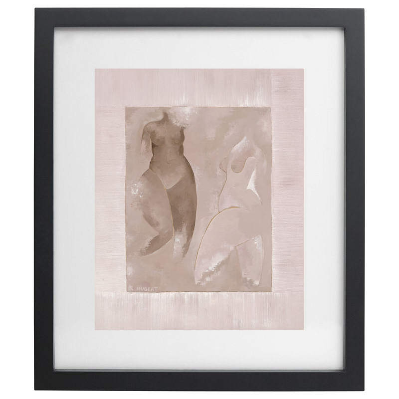 Naked female figure watercolour artwork in a neutral colour palette in a black frame