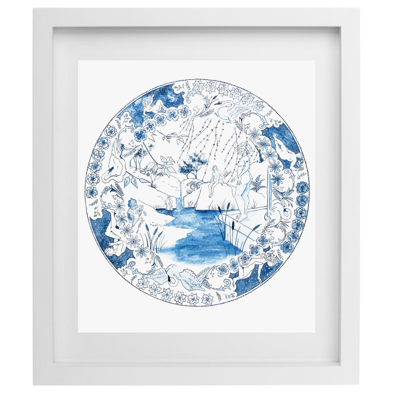 Blue and white watercolour artwork resembling a china plate with human figure and nature elements in a white frame