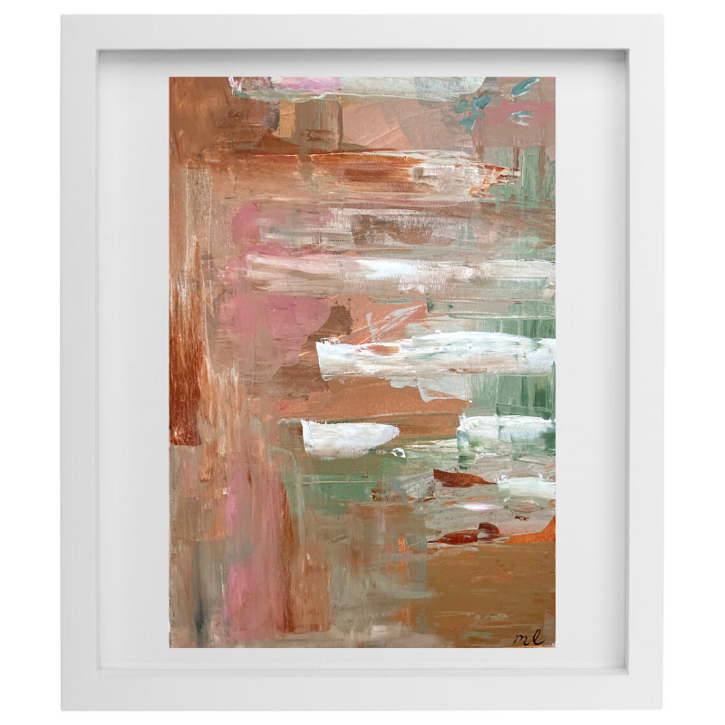 Abstract neutral coloured artwork in a white frame