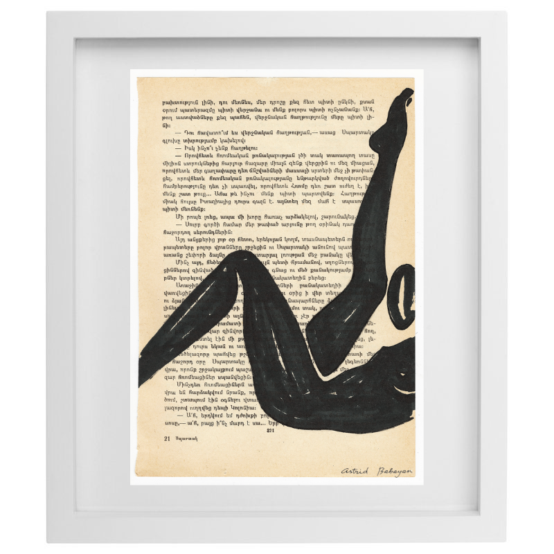 Minimalist artwork of a female form on top of a page of a book with a white frame 