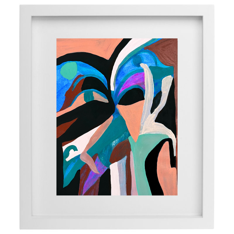 Colourful geometric artwork in a white frame