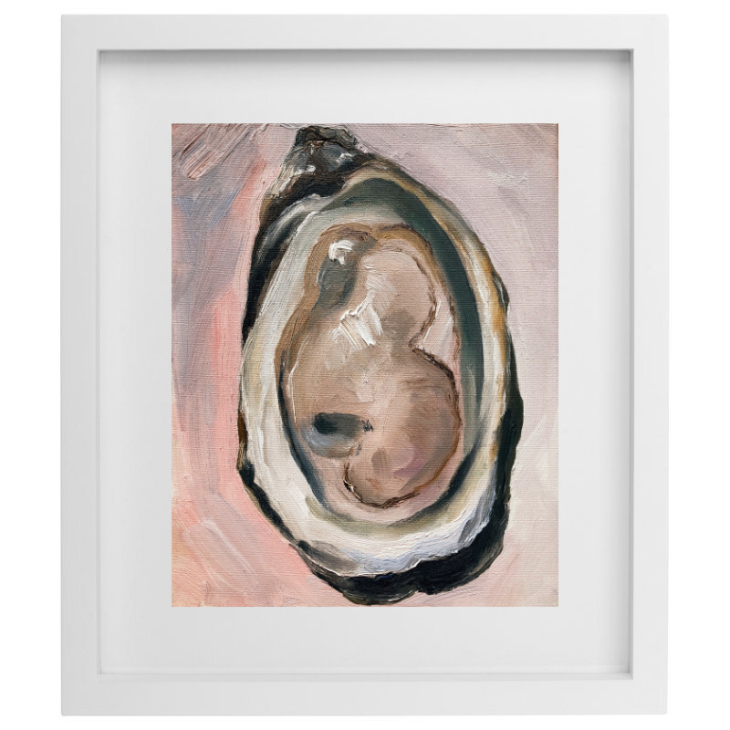 Realistic oyster artwork in neutral colours in a white frame