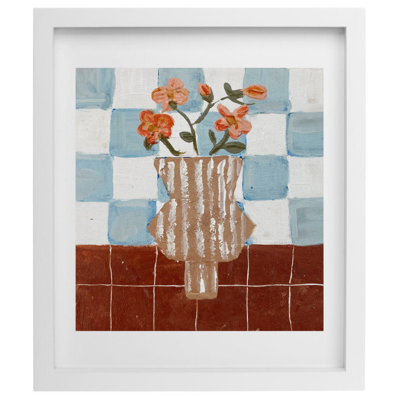 Artwork of a striped vase with flowers over a light blue checkered background in a white frame