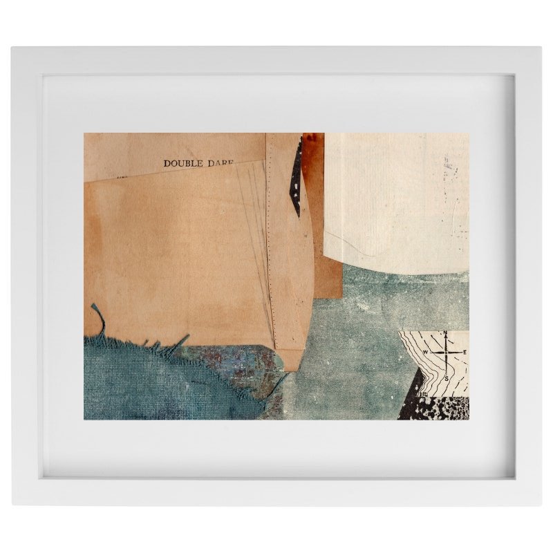 Abstract vintage paper collage artwork in a white frame