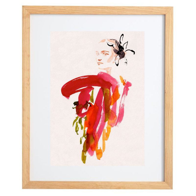 Abstract colourful watercolour woman artwork in a natural frame
