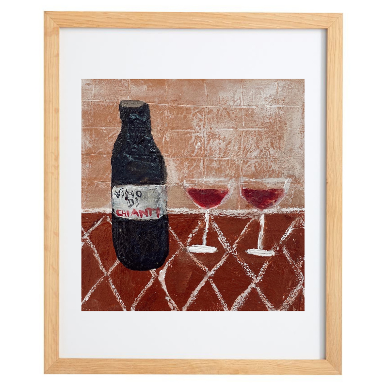 Abstract wine bottle and glasses artwork in a natural frame
