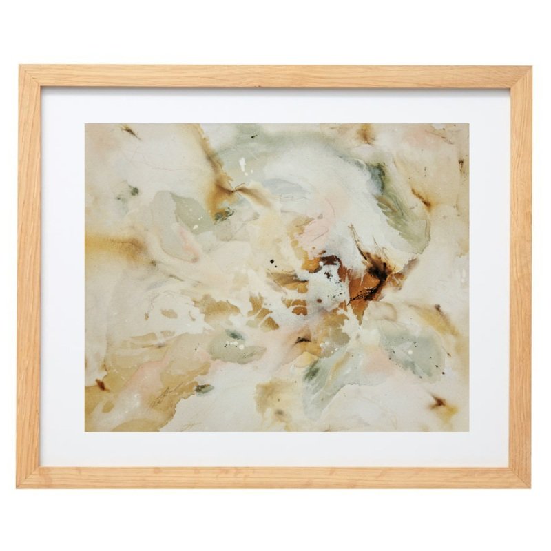 Abstract neutral coloured artwork in a natural frame