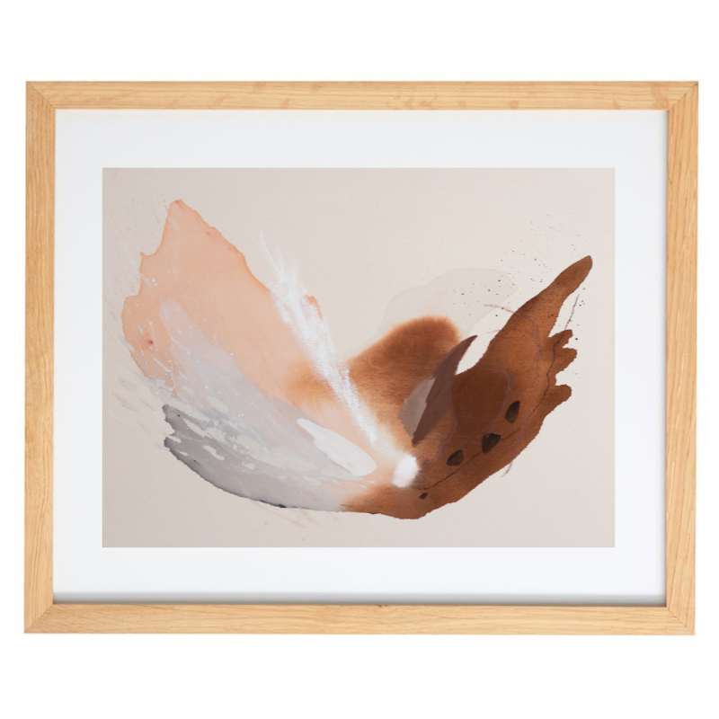 Neutral shades of pink watercolour artwork in a natural frame