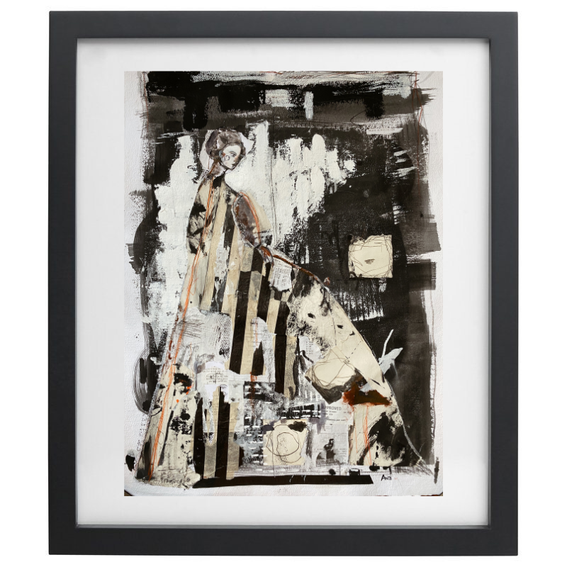 Abstract mixed media black and white figure artwork with a black frame