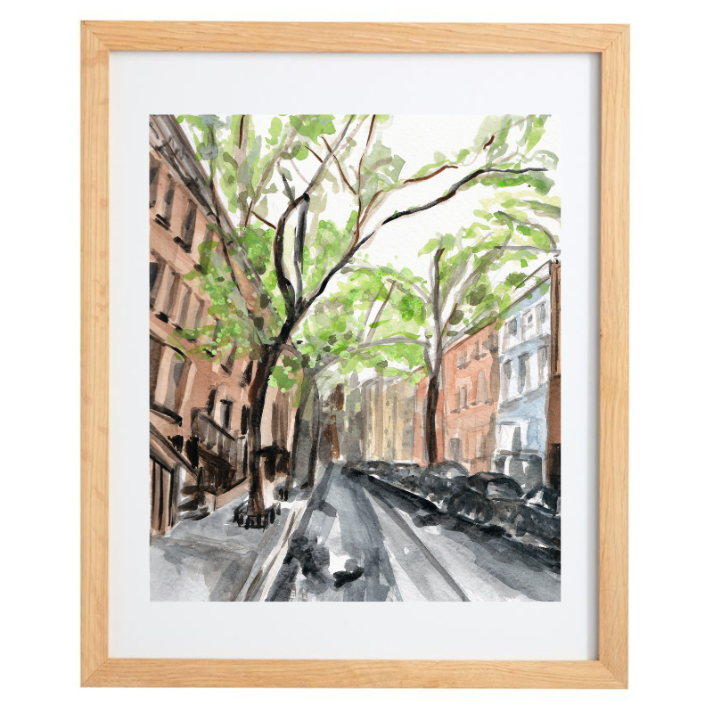 New York street watercolour artwork in a natural frame