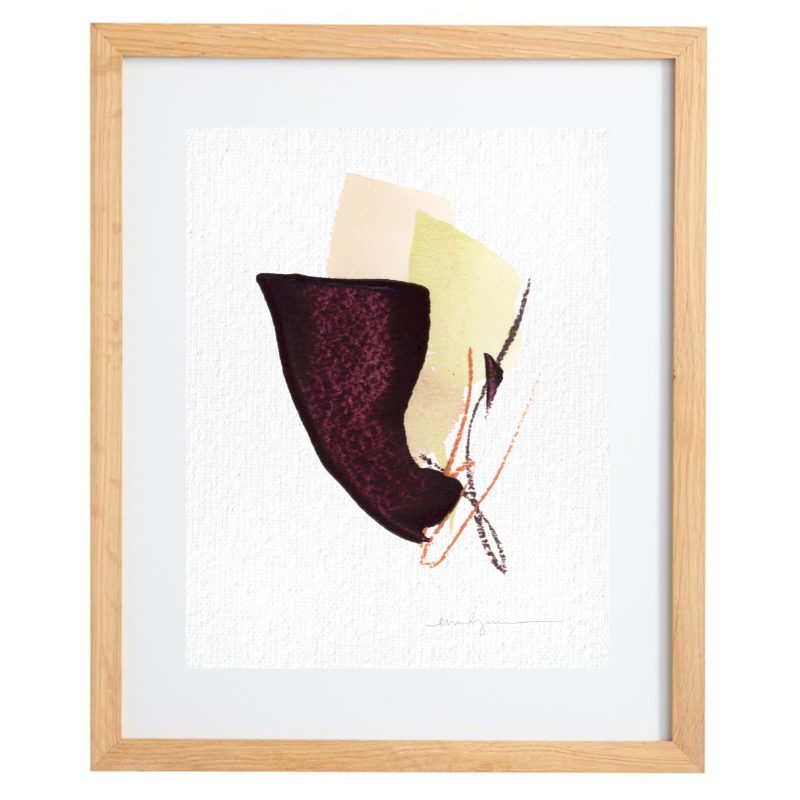 Burgundy and green minimalist artwork in a natural frame