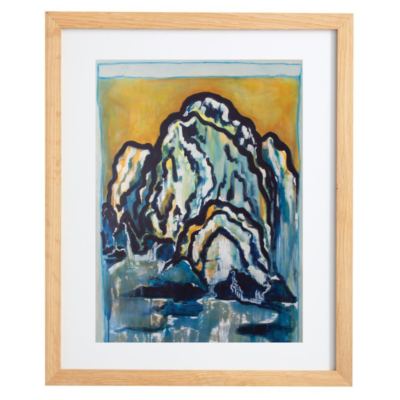 Blue and yellow abstract mountain artwork in a natural frame