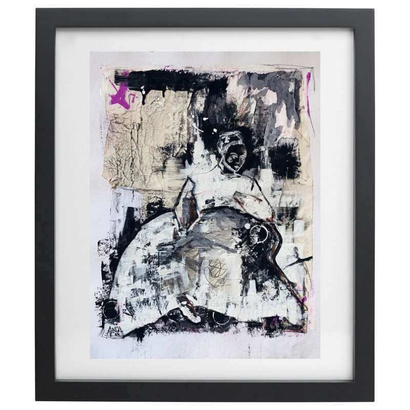 Abstract mixed media human figure artwork with a pop of colour in a black frame