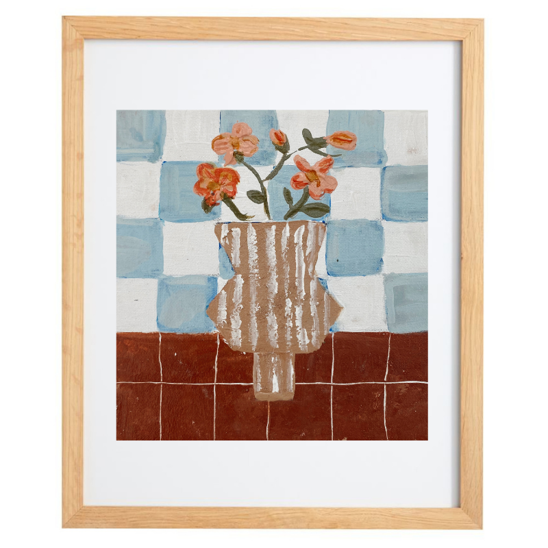 Artwork of a striped vase with flowers over a light blue checkered background in a natural frame