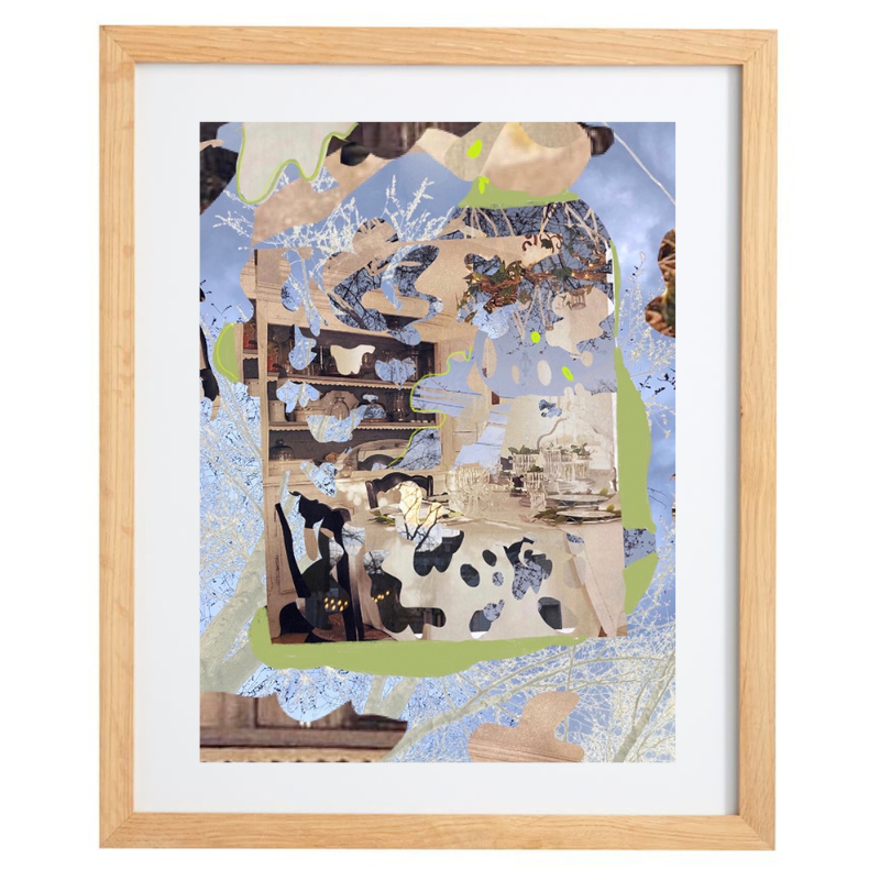 Abstract collage artwork with pastel colour palette in a natural frame