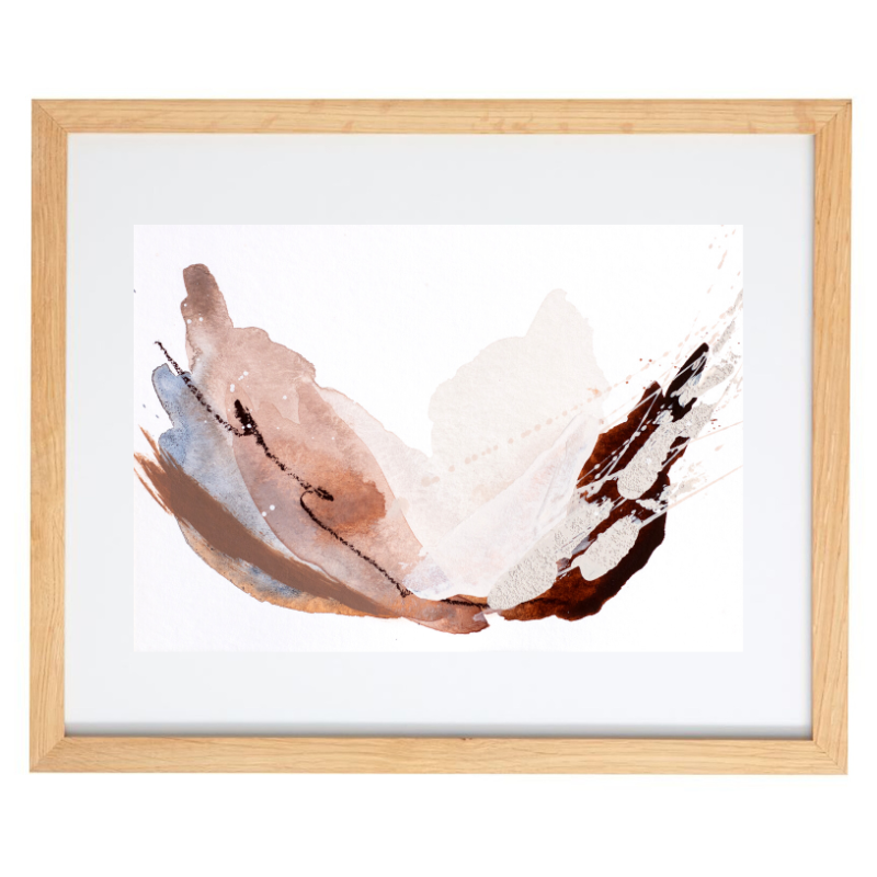 Neutral shades of purple watercolour artwork in a natural frame
