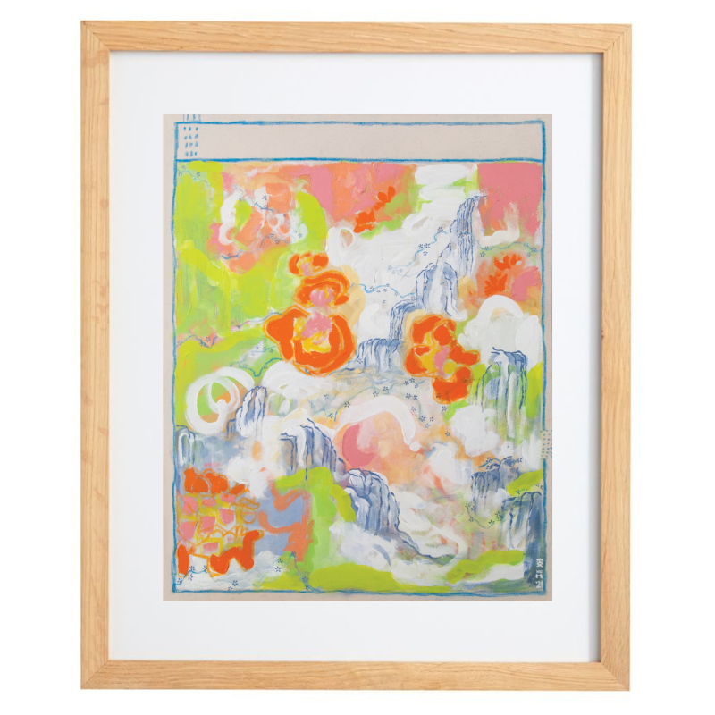 Green, pink, orange, and white abstract artwork in a natural frame