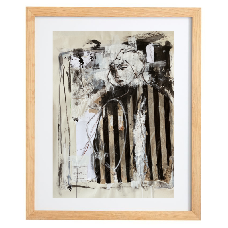 Abstract mixed media figure artwork in a neutral palette with a natural frame